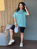 Женский молодежный прогулочный костюм: длинная футболка и шорты велосипедки в спортивном стиле
