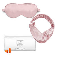 Шелковый набор:маска для сна,повязка на голову,беруши и косметичка Love You Розовый 100% шёлк