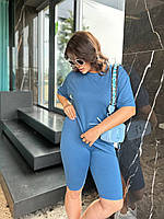 Женский молодежный прогулочный костюм: длинная футболка и шорты велосипедки в спортивном стиле, батал большие размеры