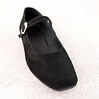 Туфли женские натуральная замша на ровном ходу с ремешком Мэри Джейн квадратный носок черные