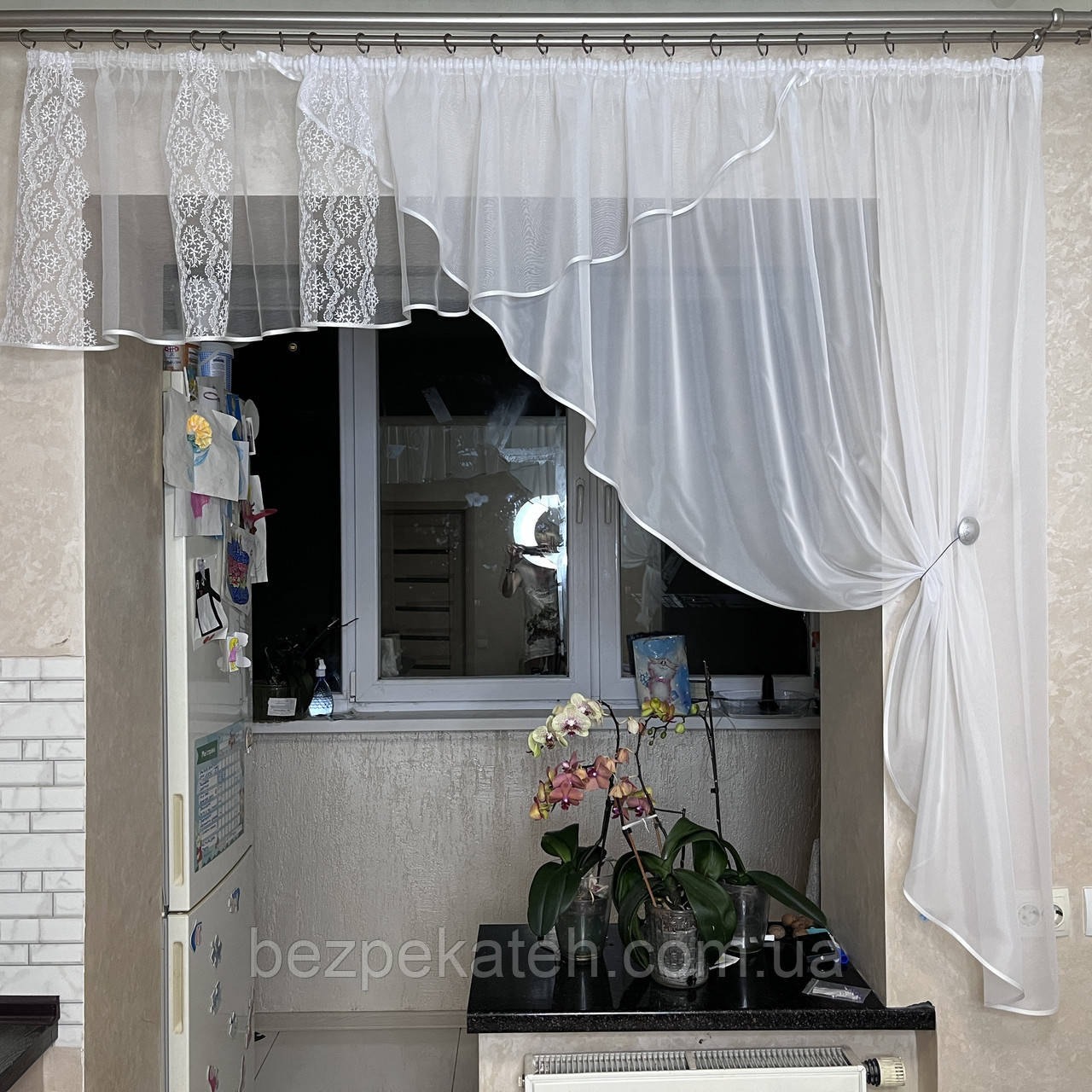 Біла тюль на кухню. Готова коротка тюль. Тюль арка. Біла коротка тюль. Готова кухонні тюль, фото 1