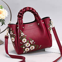 Женская сумка через плечо с вышивкой цветами женская сумочка повседневная экокожа Красная Seli Жіноча сумка