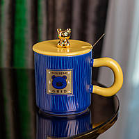 Чашка с крышкой и ложкой 300 мл керамическая "Медвежонок" Синяя