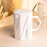 Чашка с крышкой и ложкой керамическая 400 мл Белая