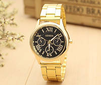 Золотые наручные кварцевые часы для женщины Geneva с черным циферблатом. BuyIT Золотий наручний кварцевий
