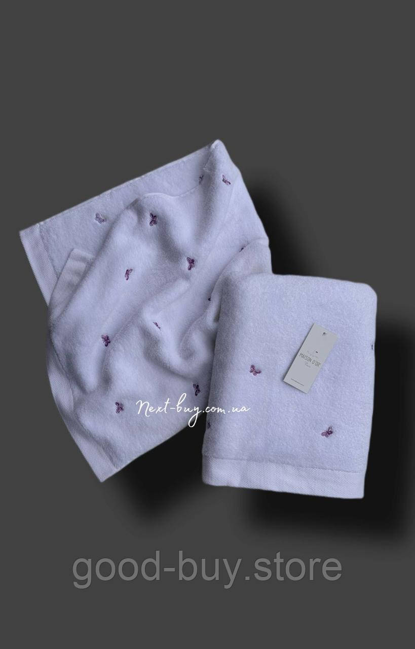 Махровий рушник банний Maison Dor Soft Butterflies white-dark lilac 85х150 бавовна