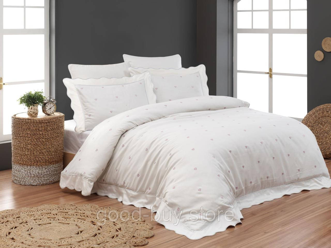 Maison D'or Les Coeurs ecru-dark lilac постільна білизна євро 200х220 сатин з аплікацією з сердечок, фото 1