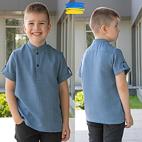 Детская рубашка с коротким рукавом синяя, Детские качественные рубашки для мальчиков, льняная сорочка лен лето