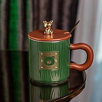 Чашка с крышкой и ложкой 300 мл керамическая "Медвежонок" Зеленая PRO