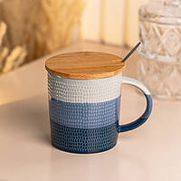 Чашка с бамбуковой крышкой и ложкой керамическая 350 мл Синий PRO