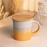 Чашка с бамбуковой крышкой и ложкой керамическая 350 мл Оранжевая PRO