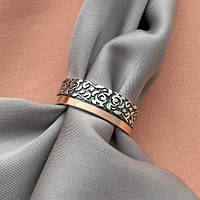 Кольцо серебряное с золотыми напайками растительным орнаментом и чернением