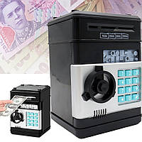 Електронний сейф-скарбничка "Банкомат" з кодовим замком та купюроприймачем, Чорний / Скарбничка для паперових грошей та монет