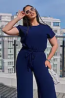Жіночий брючний літній костюм із креп-жатки темно-синього кольору