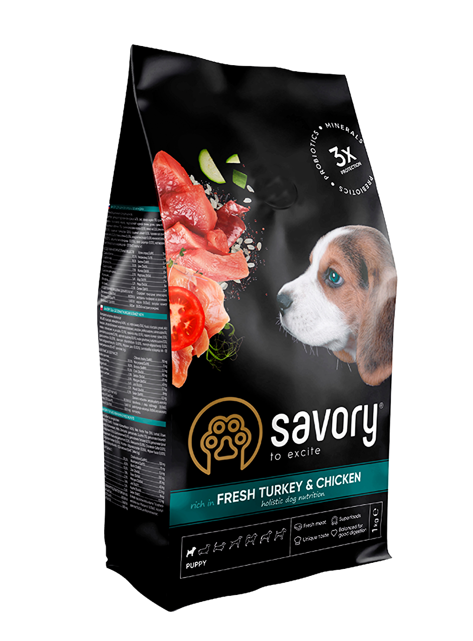 Сейворі Savory Puppy rich in Fresh Turkey & Chicken сухий корм для щенят (індичка та курка), 12 кг