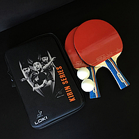 Набір для настільного тенісу пінг-понгу 2 Ракетки та 2 кульки в чохлі Дерево Чорний червоний LOKI (8879)