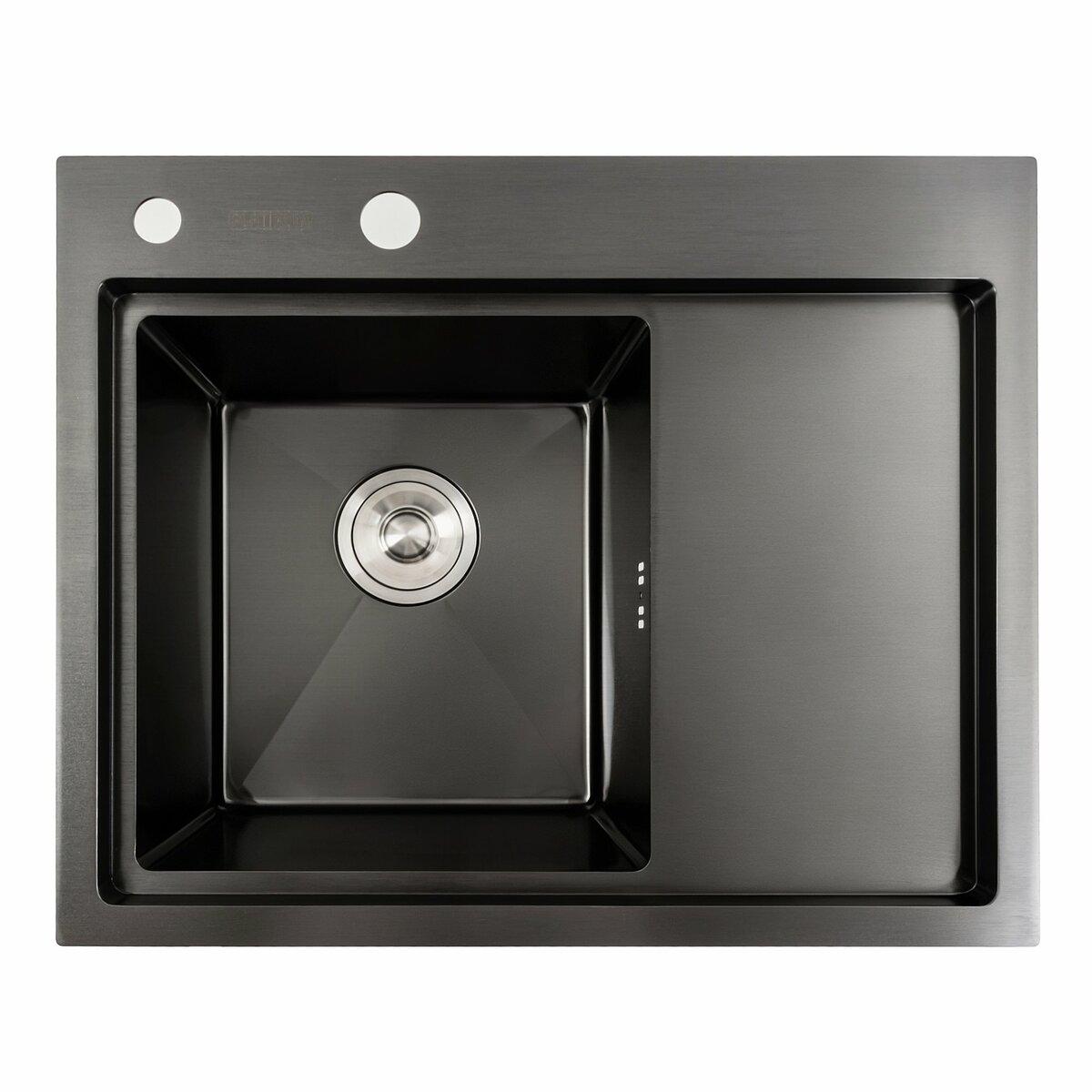 Кухонна мийка чорна PVD 58*48 L Platinum Handmade (два отвори, круглий сифон 3,0/0,8), фото 1