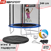 Батут детский 8ft (244cm) Hop-Sport наружная сетка и стремянка + мячи, батут садовый для детей, синий