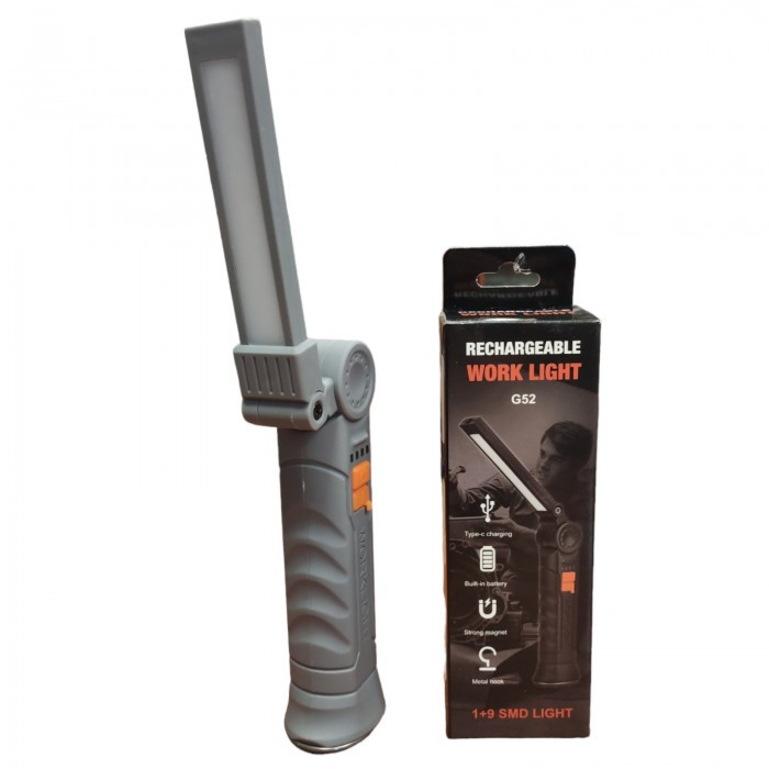 Акумуляторна складана лампа WORKLIGHT G-52 LED COB поворот на 180° ліхтар з магнітом і гачком Сірий