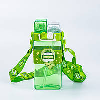 GHJ Детская бутылка для воды с трубочкой 500 мл многоразовая с ремешком Зеленая