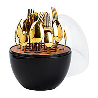 GHJ Набор столовых приборов на 6 персон из нержавеющей стали 24 штуки золотых с подставкой "Яйцо" Черный