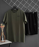 Літній чоловічий костюм Under Armour хакі модний футболка та шорти, Спорт комплект на літо хакі Андер Армор-двійка