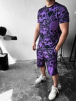 Фиолетовый мужской летний спортивный костюм, яркая футболка с модным принтом и свободные шорты