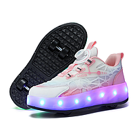 Роликові кросівки для дівчаток білі з рожевим на 4-х колесах з LED підсвіткою (DL125)