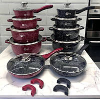 Набор кастрюль антипригарной посуды и сковорода сотейник с прозрачными крышками 12 в 1 для готовки еды