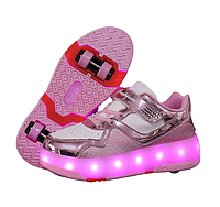 Роликові кросівки для дівчаток білі з рожевим на 4-х колесах з LED підсвіткою (DL124)