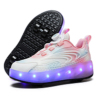 Роликовые кроссовки для девочек с LED подсветкой белые с розовым на 4-х колесах (DL126)