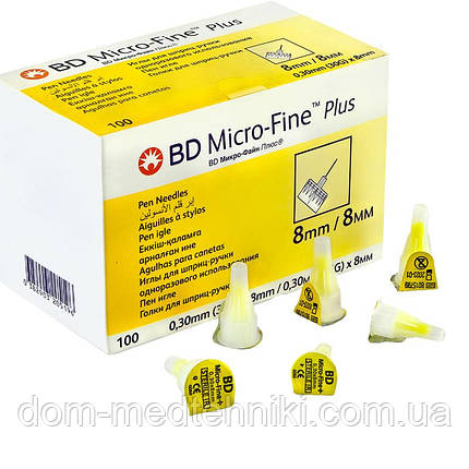 Голки інсулінові для шприц-ручок "МікроФайн Плюс / Micro-Fine Plus" 8 мм (30G x 0,3 мм), 25 штук, фото 3