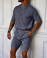 Модний чоловічий костюм джинсового кольору, стильний повсякденний якісний літній костюм двійка трикотаж жатка