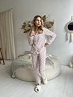 Женская стильная легкая пижама штаны и рубашка из нежного муслина белая с красными вишенками