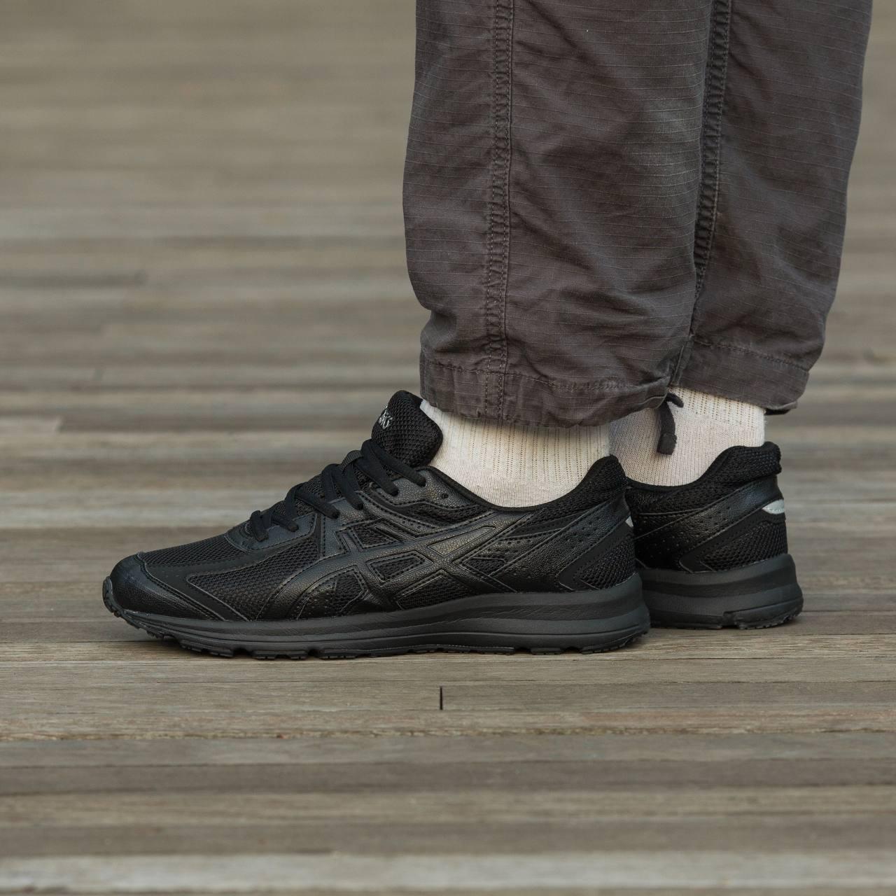 Чоловічі кросівки Asics Gel у сітку чорні Асікс Гель зі шкіряними вставками весняні осінні