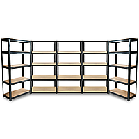 Стелаж | 180х450х40 см | чорний | 5 секції 25 полиць МДФ | металевий | витримує 175 кг на полицю | універсальний