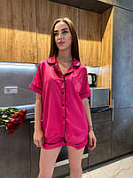 Малиновая лёгкая женская пижама из шёлка: Рубашка с коротким рукавом на пуговицах и Шортики с чёрным кантиком 46/48
