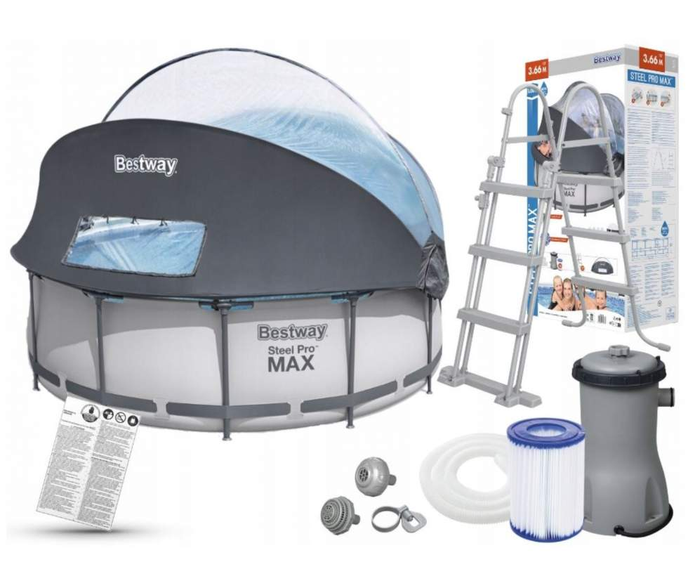 Каркасний басейн Bestway 5619N (100*366, об'єм 9150 л., картриджний фільтр-насос 2006 л/год, навіс, драбина)