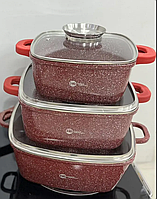 Посуда гранитная для индукционной плиты, набор посуды кастрюля для индукции HK-302 красный 6 предметов ТoП
