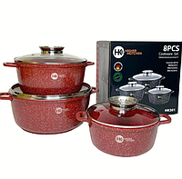 Набор кастрюль для индукционной плиты, набор немецкой гранитной посуды на подарок HK-301 красный 6 предметов