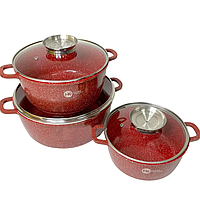 Посуда гранитная для индукционной плиты, набор посуды кастрюля для индукции HK-301 красный 6 предметов ТoП