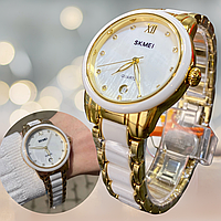 Жіночий золотий годинник із браслетом датою наручний класичний круглий кварцовий керамічний стрілочний Skmei