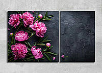 Фотокартина Модульная Цветы Розовые Пионы Декор на Стену 2 части с Цветами Картина с Пионами на Черном Фоне