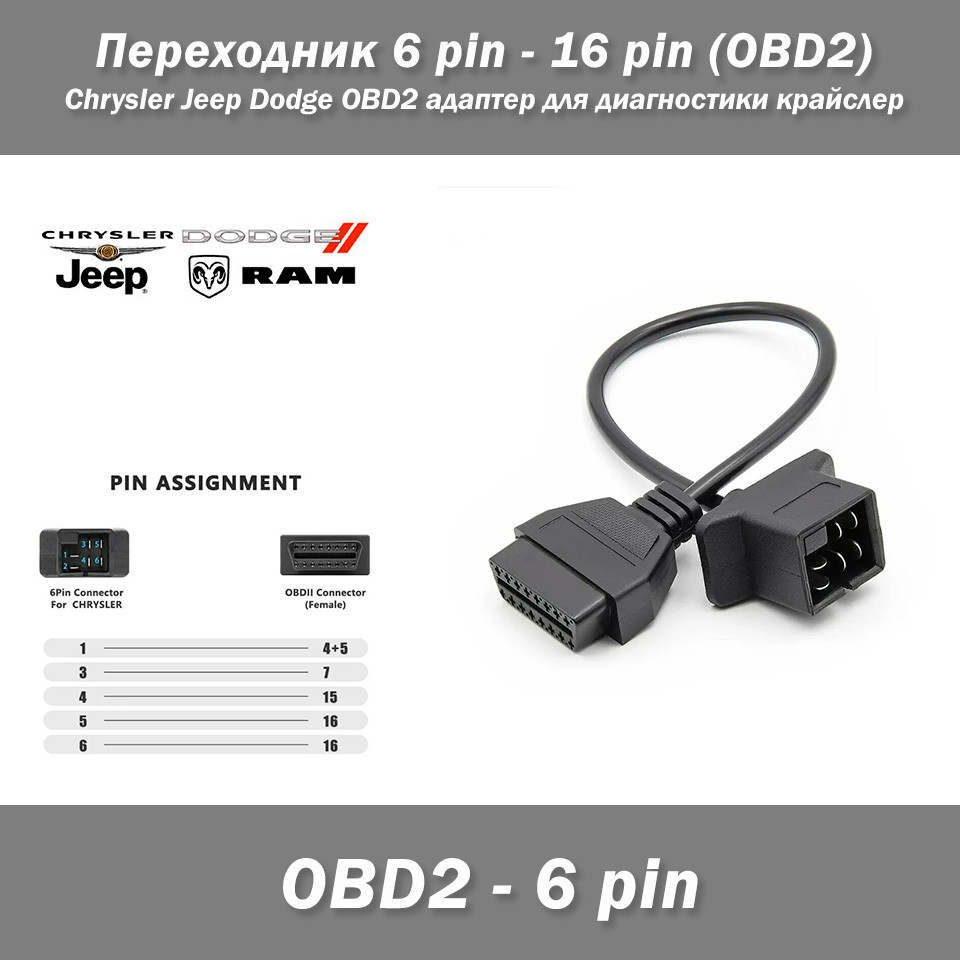 Перехідник Chrysler Jeep Dodge 6 pin - OBD2 16 pin OBD2 адаптер для діагностики Крайслер., фото 1