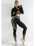 Жіночий костюм для спорту та фітнесу чорно-зелений ТРІЙКА S/M