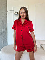 Женский домашний удобный лёгкий шелковый комплект футболка на пуговицах и шорты на резинке норма