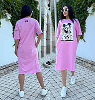 Летнее платье-футболка миди 198 "Микки" Розовый