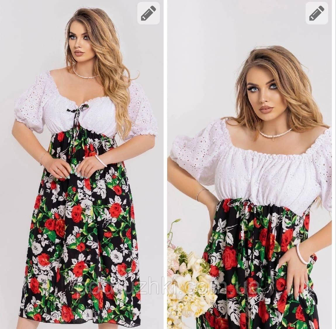 Жіноче літнє плаття селянка Тканина верх-прошва низ-штапель Розміри 48-54,56-62,64-72, фото 1