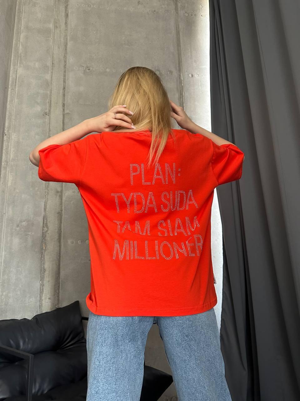 Яскрава помаранчева жіноча базова натуральна футболка оверсайз із турецького куліра з написом на спині зі страз, фото 1