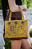 Вечірня сумка "Калла" жовтого кольору, комбінація шкіри та дерева, ручна робота, 27×19×11 см, фото 2
